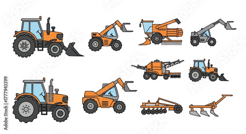 A collection of agricultural machinery and farm vehicles including tractors combine harvesters and loaders in a flat vector illustration style.
