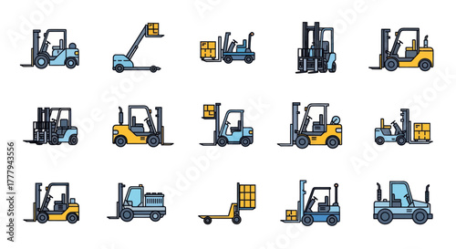 A colorful collection of forklift pallet jack and warehouse lifter vehicle icons for industrial logistics.