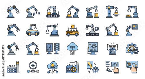 Collection of Industrial Automation and Robotics Icons.