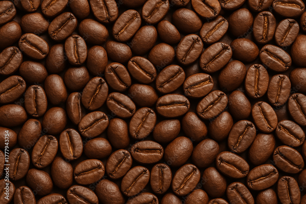 Obraz premium Macro Shot of Dark Roasted Coffee Bean Texture Background Representing Fresh Aroma and Quality Blend.