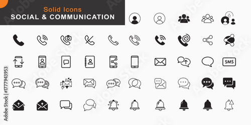 Social and Communication Solid Icons Set Chat, Message, and Call Symbols
