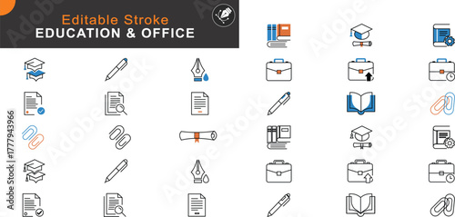 Editable Stroke Education and Office Icons Set