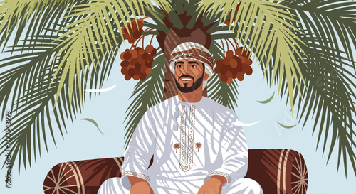 Illustrated portrait shows man in omani dress under a palm tree. Use for culture, travel, or social media design.