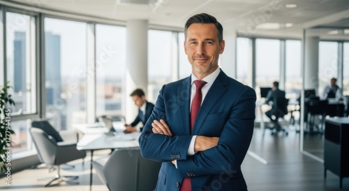 Businessman stands confidently in a modern office environment with colleagues working in the background representing leadership success and corporate professionalism for business development.