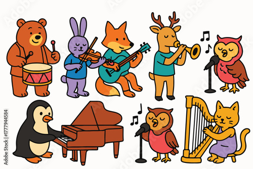 Cute cartoon animals playing various musical instruments in a delightful ensemble