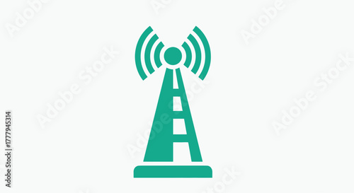 Simple teal illustration of a communication tower emitting radio waves