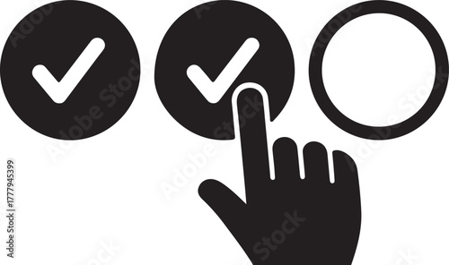Close up of a hand cursor selecting a checkbox with a checkmark in a series of options on a white background