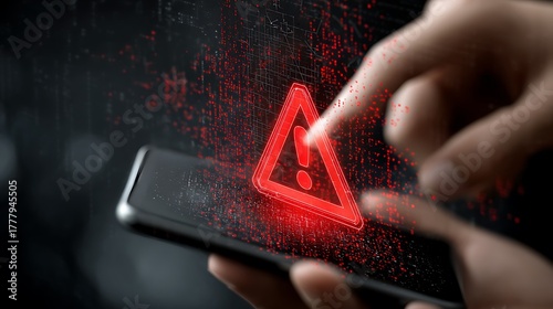 Hand Touching Smartphone Display Showing Red Exclamation Mark Warning Symbol And Digital Data mobile phone