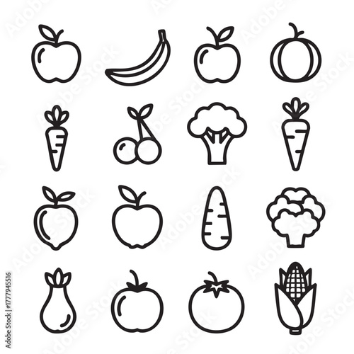 Simple outline icons of fruits and vegetables in seamless pattern