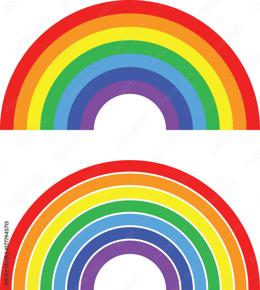 Obraz premium Two vibrant colorful rainbow arches with distinct bands of red orange yellow green blue indigo and violet against a clean white background