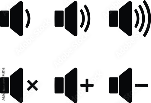 Collection of six black speaker volume icons representing different sound levels and control options on a white background