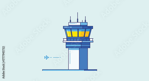 Stylized illustration of a control tower with a small airplane nearby