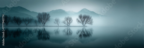  Misty lake with tree line reflection and silent mountains at dawn
