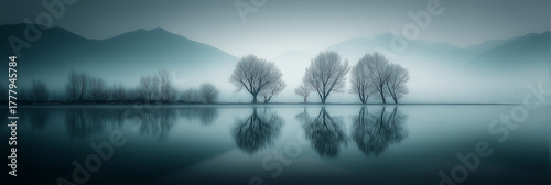  Misty lake with tree line reflection and silent mountains at dawn
