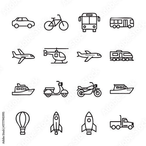 Transportation Vector Icon Set Including Plane Helicopter Boat Scooter and More
