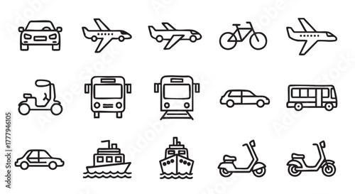 Variety of transportation mode icons in black and white design