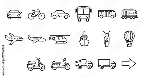 Various transportation options icon set in outline style for design