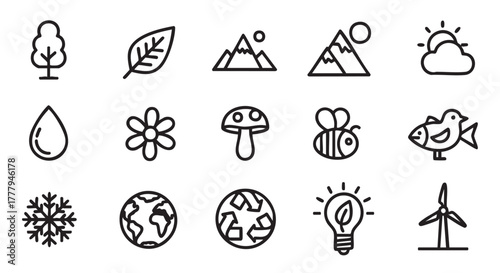 Vector Icons for Nature Environment Sustainability Clean Energy Resources on White
