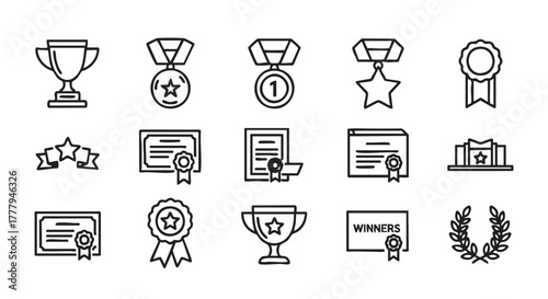 Vector outline achievement icons set isolated on white background design