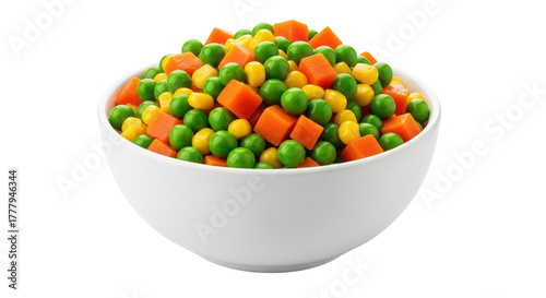 Fresh vibrant mixed vegetables: peas, corn, carrots in white bowl isolated on transparent background