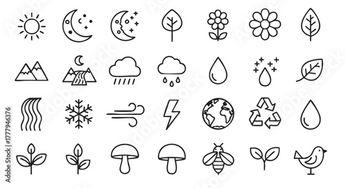 Weather and Nature Icon Set in Black and White Style Simple