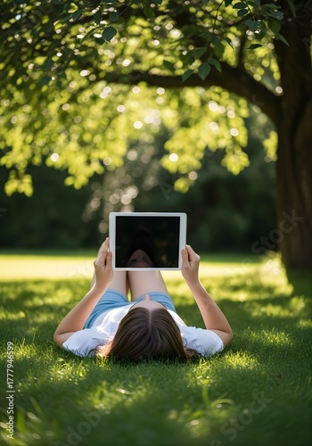 Teen girl lying on grass under sunlight holding black-screen tablet upward, unseen face, warm natural realism