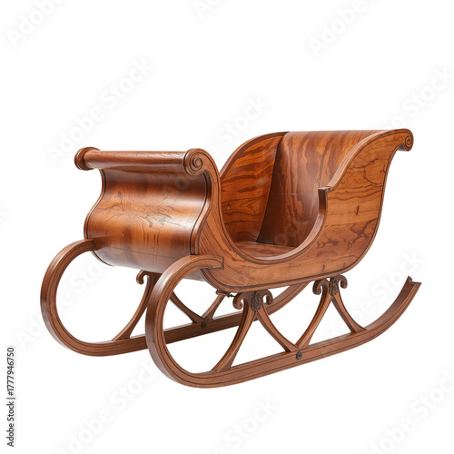 Vintage Wooden Sleigh With Intricate Carvings Displayed Against a Plain Backg...