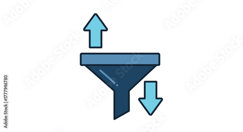 Simple blue funnel icon with upward and downward pointing arrows displayed