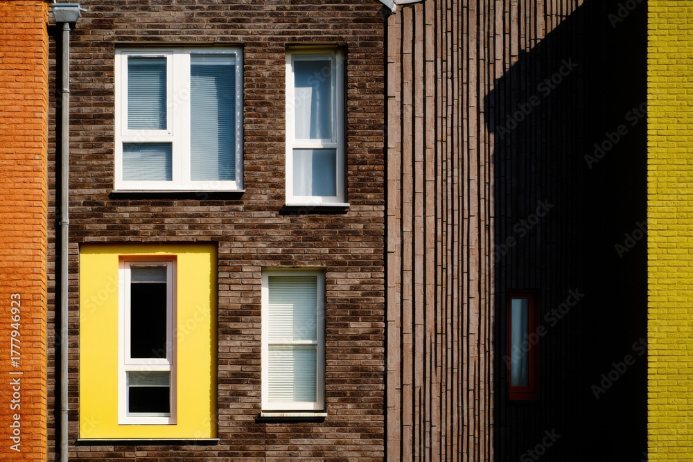 Fototapeta premium Colorful architectural details of modern buildings showcasing contrasting textures and hues in a vibrant urban setting during daytime