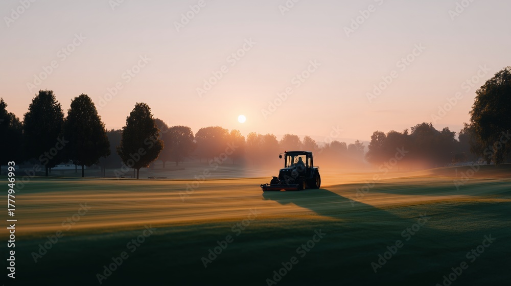 Fototapeta premium Greenkeeper operating mower on lush golf course at sunrise, creating perfectly manicured grass, surrounded by trees and soft morning light, enhancing serene outdoor atmosphere