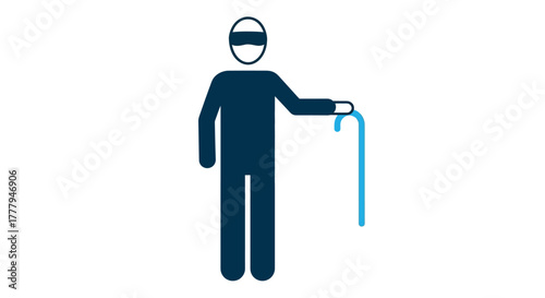 Simple blue pictogram of a blind person with a walking cane