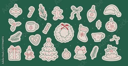 Christmas winter new year set hand drawn stickers. Line sketch style.