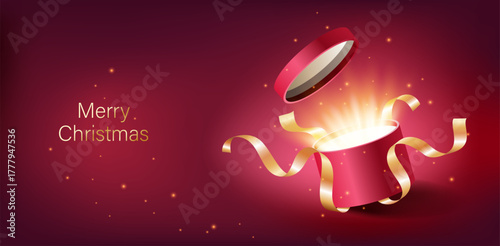 Red opened 3d realistic gift box with magical shining glow and golden ribbons flying off cover, place for your text vector illustration.