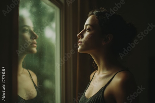 Reflective Contemplation: A woman gazes pensively out of a window, bathed in soft, natural light, creating a mood of introspection and quiet contemplation.