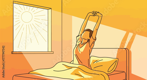 A woman stretching in bed bathed in warm morning sunlight