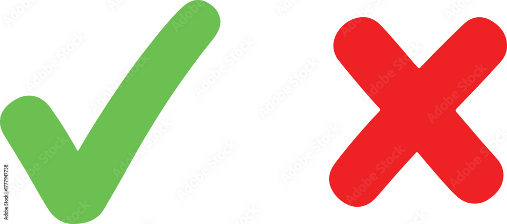 © Risat Designer - Hand drawn green check mark and red cross symbol isolated on a white background representing a choice between correct and incorrect options