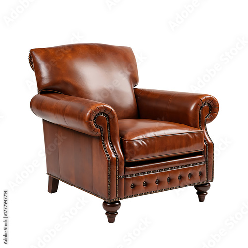 Elegant Brown Leather Armchair With Button Tufting in a Living Room Setting f...