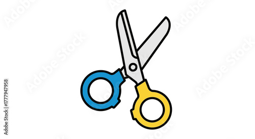 Colorful illustration of open scissors with blue and yellow handles on a white background.