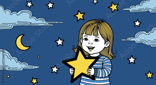 A young girl smiles, holding a bright yellow star against a night sky filled with stars, a crescent moon, and fluffy clouds.