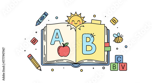 Open book displaying letters A and B with an apple illustration, surrounded by educational items and a smiling sun.
