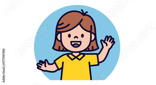 A cheerful cartoon girl waving with a bright smile, set in a blue circle.