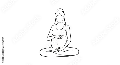 Simple line drawing depicts a pregnant woman meditating in a lotus position.