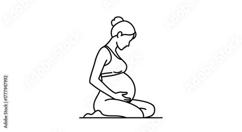 Line art illustration of a pregnant woman kneeling, gently holding her belly, looking down.