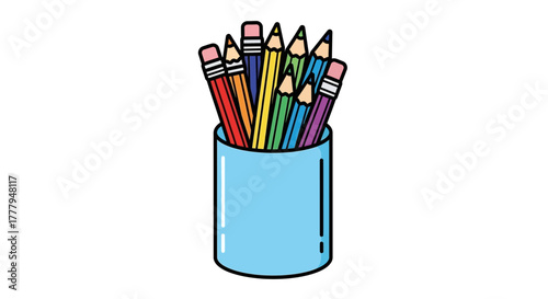 A collection of colored pencils and graphite pencils standing upright in a light blue pencil holder.