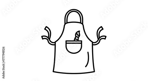 Line art illustration of an apron with a pocket containing a mortar and pestle.