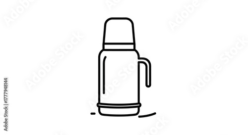 Line art illustration of a thermos with a handle and a cup-shaped lid, standing on a surface.
