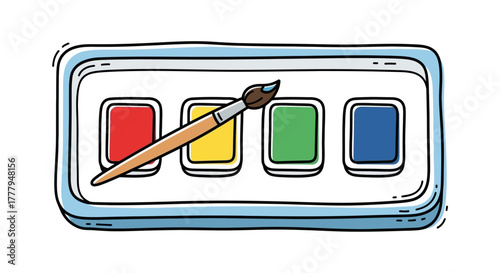 Watercolor palette with red, yellow, green, and blue paints, with a paintbrush resting on top.