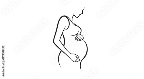 Line art illustration of a pregnant woman holding her belly with love and anticipation.