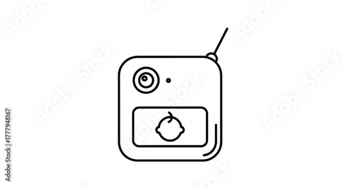 Outline drawing of a baby monitor with an antenna and a baby icon on the screen.