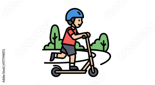 A young person wearing a helmet rides a scooter on a path.